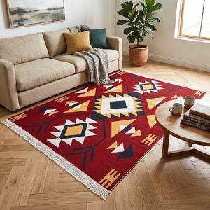 Covor Tesut Traditional, 2 fete, Model Etnic Tribal Rosu, 60x200 cm