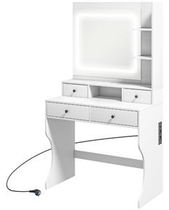HOMCOM Masă de Toaletă cu Oglindă Iluminată LED, Masă de Machiaj cu Stație de Încărcare, 4 sertare și rafturi de depozitare, 90x45x160 cm, Alb