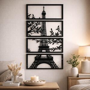 Decorațiune de perete Turnul Eiffel în 4 panouri, siluetă neagră cu frunze