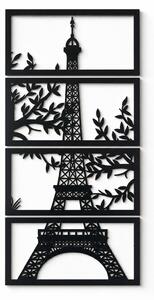Decorațiune de perete Turnul Eiffel în 4 panouri, siluetă neagră cu frunze