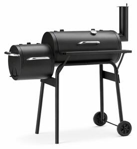 Gratar BBQ pentru carbuni, 2 compartimente, grill si afumatoare, raft, horn, roti transport, termometru