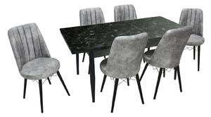Set masă extensibilă Aris Negru Marmorat cu 6 scaune Apollo Gri Deschis Picior Negru
