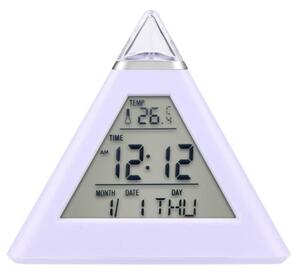 Ceas digital cu alarma, forma piramida, LED multicolor, 8 melodii, temperatura, ora si data