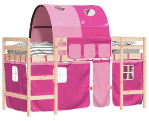 Pat etajat de copii cu tunel roz 80x200 cm lemn masiv pin