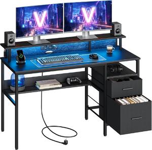 Birou Vasagle Negru, LED, 2 USB-A, 55 x 135 x 90 cm