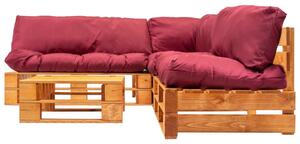 Set mobilier grădină din paleți cu perne roșii, 4 piese, lemn