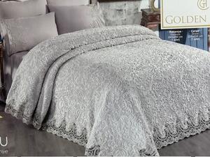 Set Lenjerie + Cuvertura de lux Matlasata cu broderie Eleganta 6 piese Gri