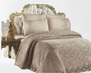 Set Lenjerie + Cuvertura de lux Matlasata cu broderie Eleganta 6 piese Maro deschis