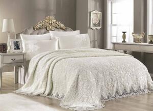 Set Lenjerie + Cuvertura de lux Matlasata cu broderie Eleganta 6 piese Alb