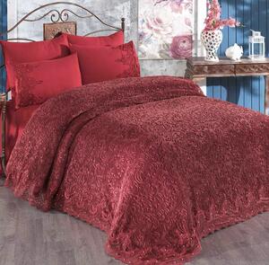 Set Lenjerie + Cuvertura de lux Matlasata cu broderie Eleganta 6 piese Rosu