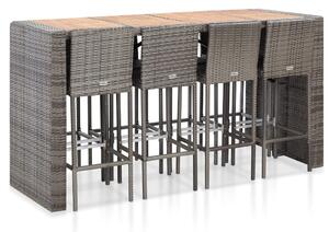 Set mobilier bar exterior, 9 piese, gri, poliratan, lemn acacia
