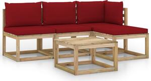Set mobilier de grădină cu perne roșu vin, 5 piese