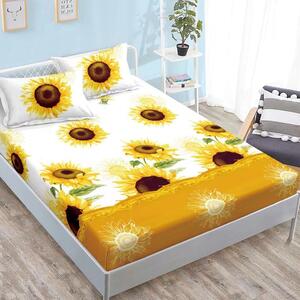 Husa de pat, finet, 180x200cm, 2 persoane, 3 piese, cu elastic, alb și galben, cu floarea soarelui, HPF343
