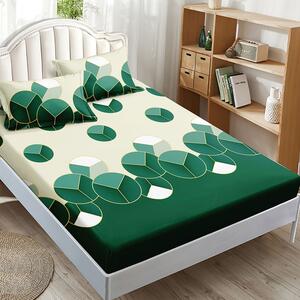 Husa de pat, finet, 180x200cm, 2 persoane, 3 piese, cu elastic, verde si crem, cu forme geometrice, HPF344