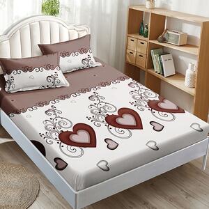 Husa de pat, finet, 180x200cm, 2 persoane, 3 piese, cu elastic, maro si crem, cu inimioare, HPF345