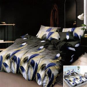 Lenjerie de pat, 2 persoane, 4 piese cu elastic, finet, gri inchis, cu pene albastre, 180x200cm, LF4006