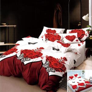 Lenjerie de pat, 2 persoane, 4 piese cu elastic, finet, alb si rosu, cu trandafiri si fluturi, 180x200cm, LF4009