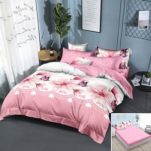Lenjerie de pat, 2 persoane, finet, 6 piese, cu elastic, roz si alb, cu flori roz, LEL316