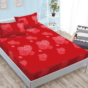 Husa de pat, finet, 180x200cm, 2 persoane, 3 piese, cu elastic, rosu , cu trandafiri rosii, HPF348