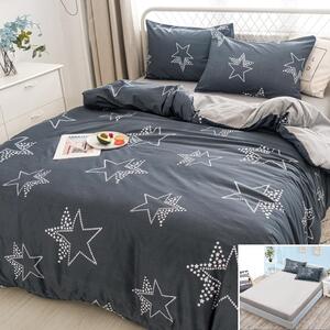 Lenjerie de pat, 2 persoane, bumbac satinat, 4 piese, cu elastic, gri si crem, cu stele albe, LS469