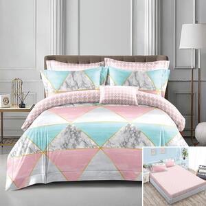 Lenjerie de pat, 2 persoane, bumbac satinat, 4 piese, cu elastic, roz albastru gri , cu forme geometrice, LS464