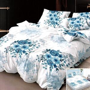 Lenjerie de pat, 2 persoane, 4 piese, cu elastic, finet, alb , cu flori albastre, 180x200cm, LF4019