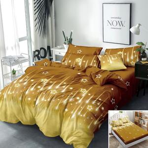 Lenjerie de pat, 2 persoane, 4 piese, cu elastic, finet, auriu , cu stelute albe, 180x200cm, LF4017