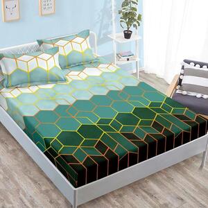 Husa de pat, finet, 180x200cm, 2 persoane, 3 piese, cu elastic, verde , cu forme geometrice, HPF349