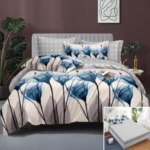 Lenjerie de pat, 2 persoane, bumbac satinat, 4 piese, cu elastic, crem și gri, cu flori albastre, LS467