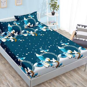 Husa de pat, finet, 180x200cm, 2 persoane, 3 piese, cu elastic, albastru și alb, cu fluturi și inimioare, HPF347