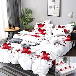 Lenjerie de pat, 2 persoane, 4 piese, cu elastic, finet, alb , cu inimi si trandafiri rosii, 180x200cm, LF4018
