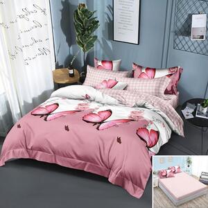 Lenjerie de pat, 2 persoane, finet, 6 piese, cu elastic, roz si alb, cu fluturi roz, LEL317