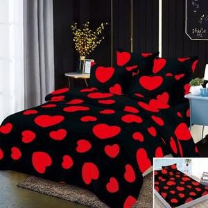 Lenjerie de pat, 2 persoane, 4 piese, cu elastic, finet, negru , cu inimi rosii, 180x200cm, LF4013