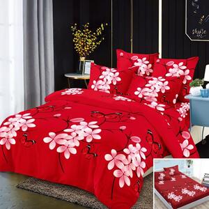 Lenjerie de pat, 2 persoane, 4 piese cu elastic, finet, rosu , cu flori roz si fluturi, 180x200cm, LF4010