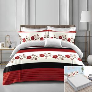 Lenjerie de pat, 2 persoane, bumbac satinat, 4 piese, cu elastic, roșu crem negru, cu linii și flori, LS466