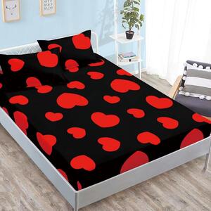 Husa de pat, finet, 180x200cm, 2 persoane, 3 piese, cu elastic, negru , cu inimi rosii, HPF350