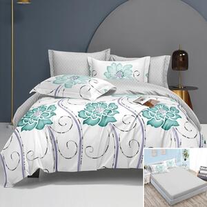 Lenjerie de pat, 2 persoane, bumbac satinat, 4 piese, cu elastic, alb , cu flori turcoaz, LS463