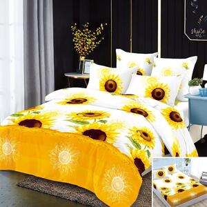 Lenjerie de pat, 2 persoane, 4 piese cu elastic, finet, galben si alb, cu floarea soarelui, 180x200cm, LF4002