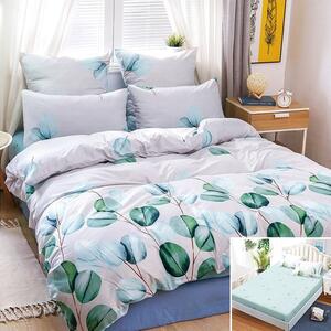 Lenjerie de pat, 2 persoane, bumbac satinat, 4 piese, cu elastic, albastru și alb, cu frunze verzi, LS474