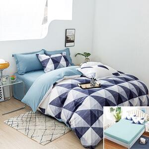 Lenjerie de pat, 2 persoane, bumbac satinat, 4 piese, cu elastic, albastru și alb, cu forme geometrice, LS470