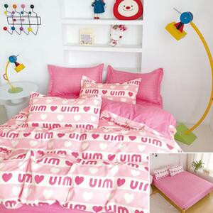 Lenjerie de pat, 2 persoane, finet, 6 piese, cu elastic, roz si alb, cu inimi albe, LEL322