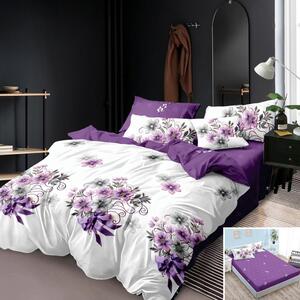 Lenjerie de pat, 2 persoane, finet, 6 piese, cu elastic, alb si mov, cu flori mov, LEL327
