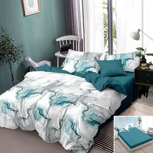 Lenjerie de pat, 2 persoane, finet, 6 piese, cu elastic, albastru si alb, cu imprimeu albastru, LEL324