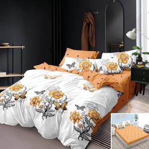 Lenjerie de pat, 2 persoane, finet, 6 piese, cu elastic, alb si galben, cu flori si fluturi, LEL325