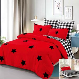Lenjerie de pat, 2 persoane, finet, 6 piese, cu elastic, rosu , cu stelute negre, LEL337