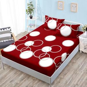 Husa de pat, finet, 160x200cm, 2 persoane, set 3 piese, cu elastic, rosu , cu cerculete albe, HPF16080