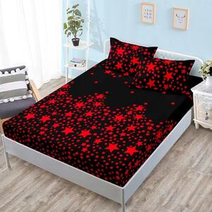 Husa de pat, finet, 160x200cm, 2 persoane, set 3 piese, cu elastic, negru , cu stelute rosii, HPF16072