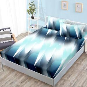 Husa de pat, finet, 160x200cm, 2 persoane, set 3 piese, cu elastic, albastru si alb, cu forme geometrice, HPF16076