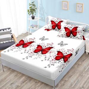 Husa de pat, finet, 160x200cm, 2 persoane, set 3 piese, cu elastic, alb , cu fluturasi rosii, HPF16081