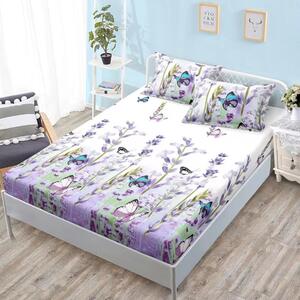 Husa de pat, finet, 160x200cm, 2 persoane, set 3 piese, cu elastic, alb si mov, cu fluturi si flori, HPF16082